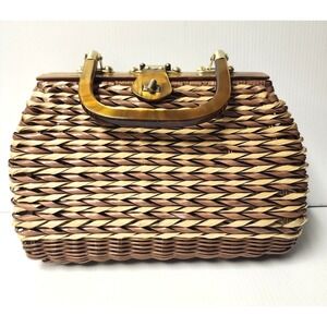 Vintage Plastic Coated Straw Purse with Plastic handles